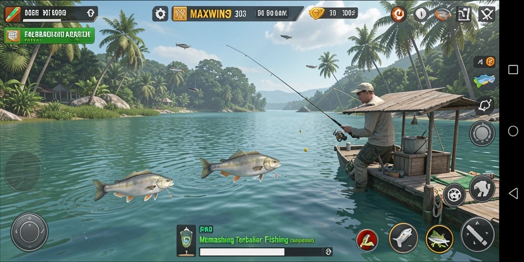 Screenshot MAXWIN303 menampilkan gameplay seru memancing di lokasi indah.