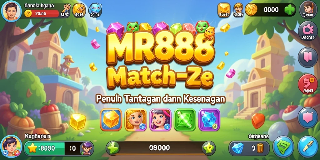 Screenshot utama MR888 menampilkan gameplay Match-3 yang dinamis dan berwarna.