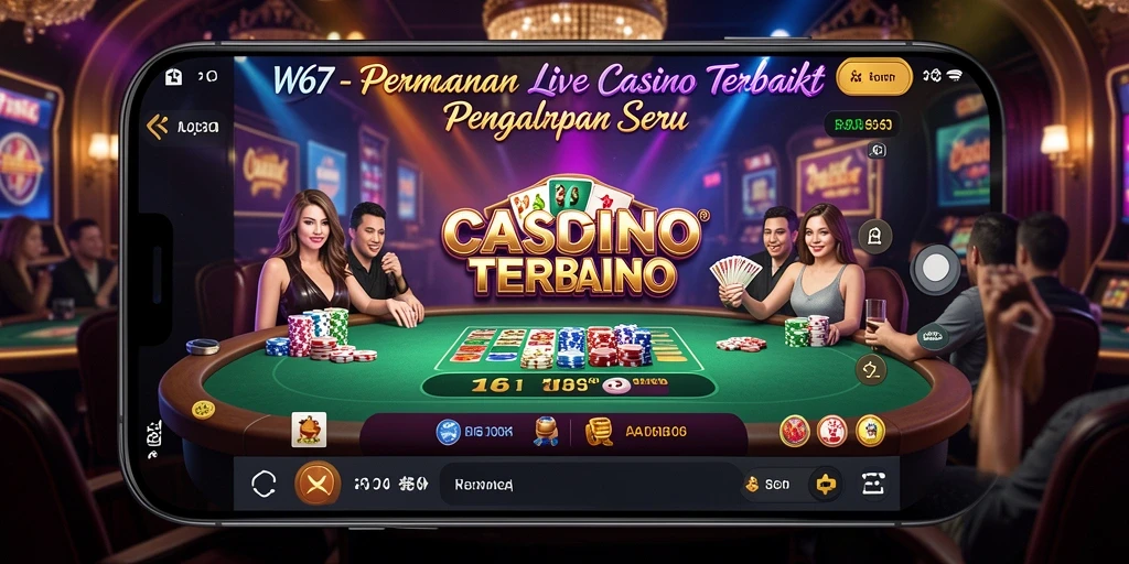 Screenshot W67 menampilkan dealer langsung dan pemain yang terlibat dalam permainan Live Casino.